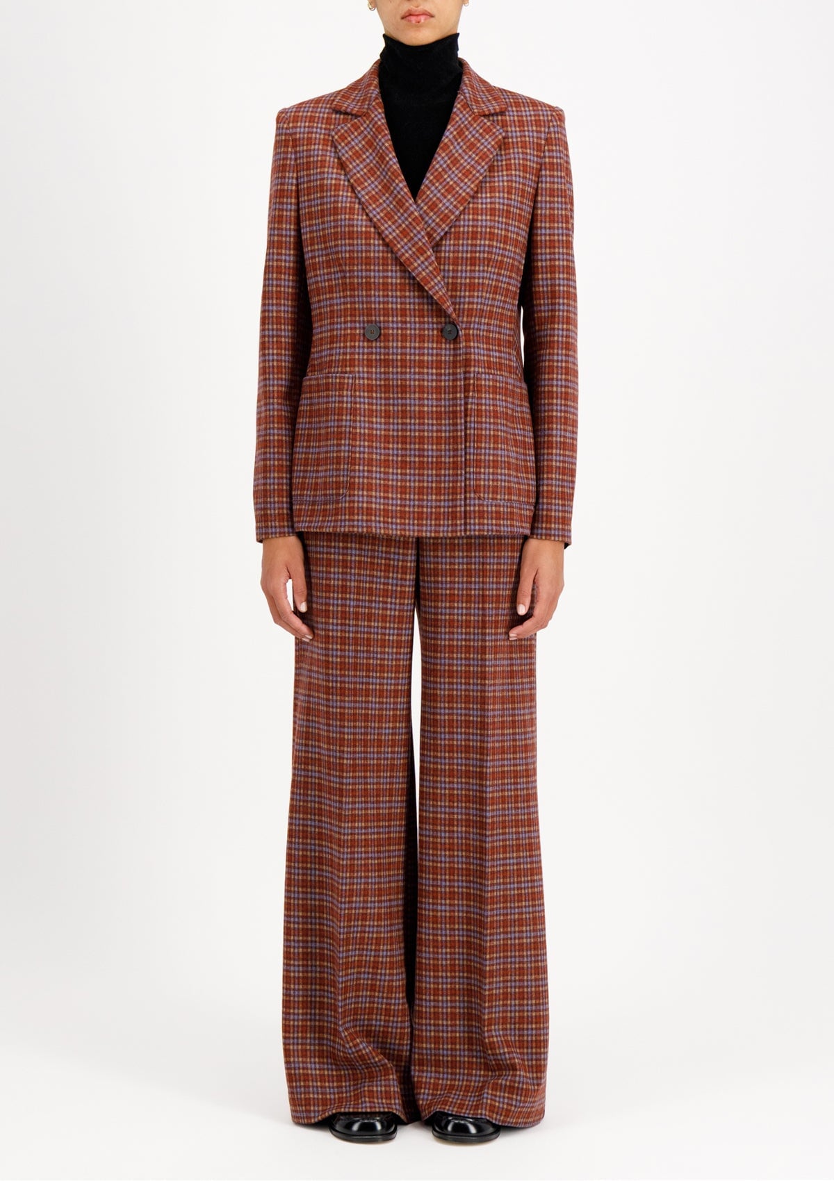 Doppelreihiger karierter Damen Blazer aus Wolle in Braun und Rostbraun Damen Blazer Harris Wharf London 