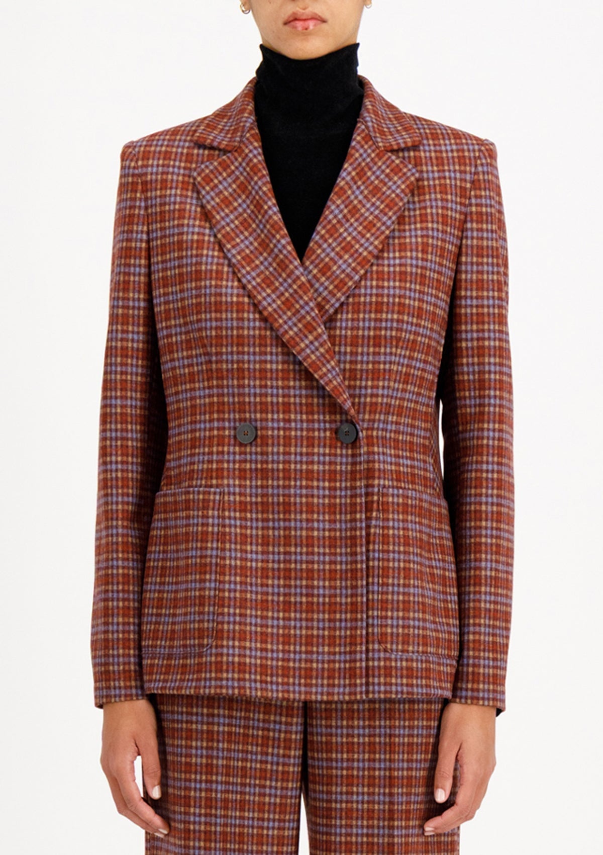 Doppelreihiger karierter Damen Blazer aus Wolle in Braun und Rostbraun Damen Blazer Harris Wharf London 