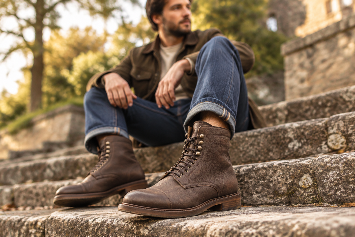 Durchgenähte Herren Schnürstiefelette aus softem Hirschleder in Braun