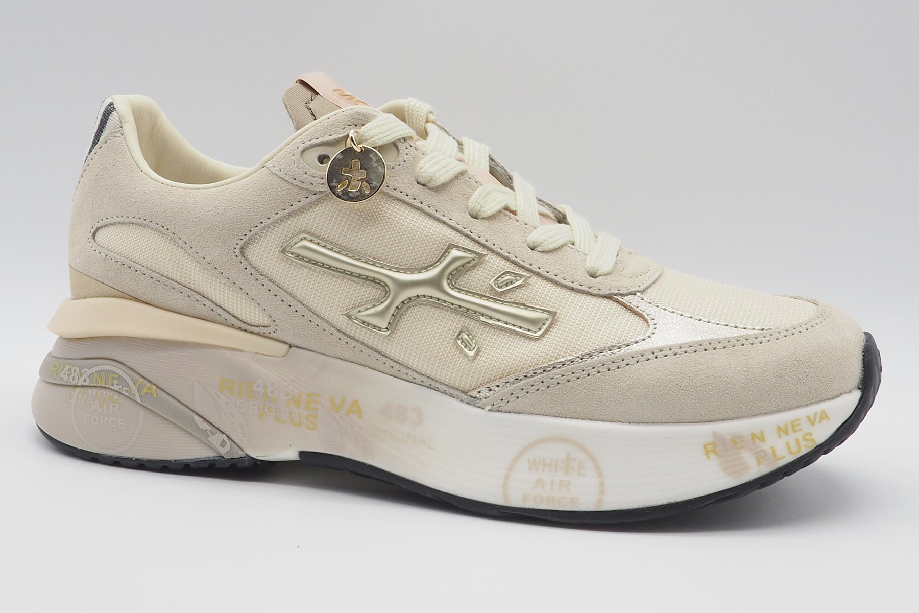Edler Damen Sneaker aus Veloursleder & Mesh in Creme & Gold - Moerund Damen Sneaker Premiata 