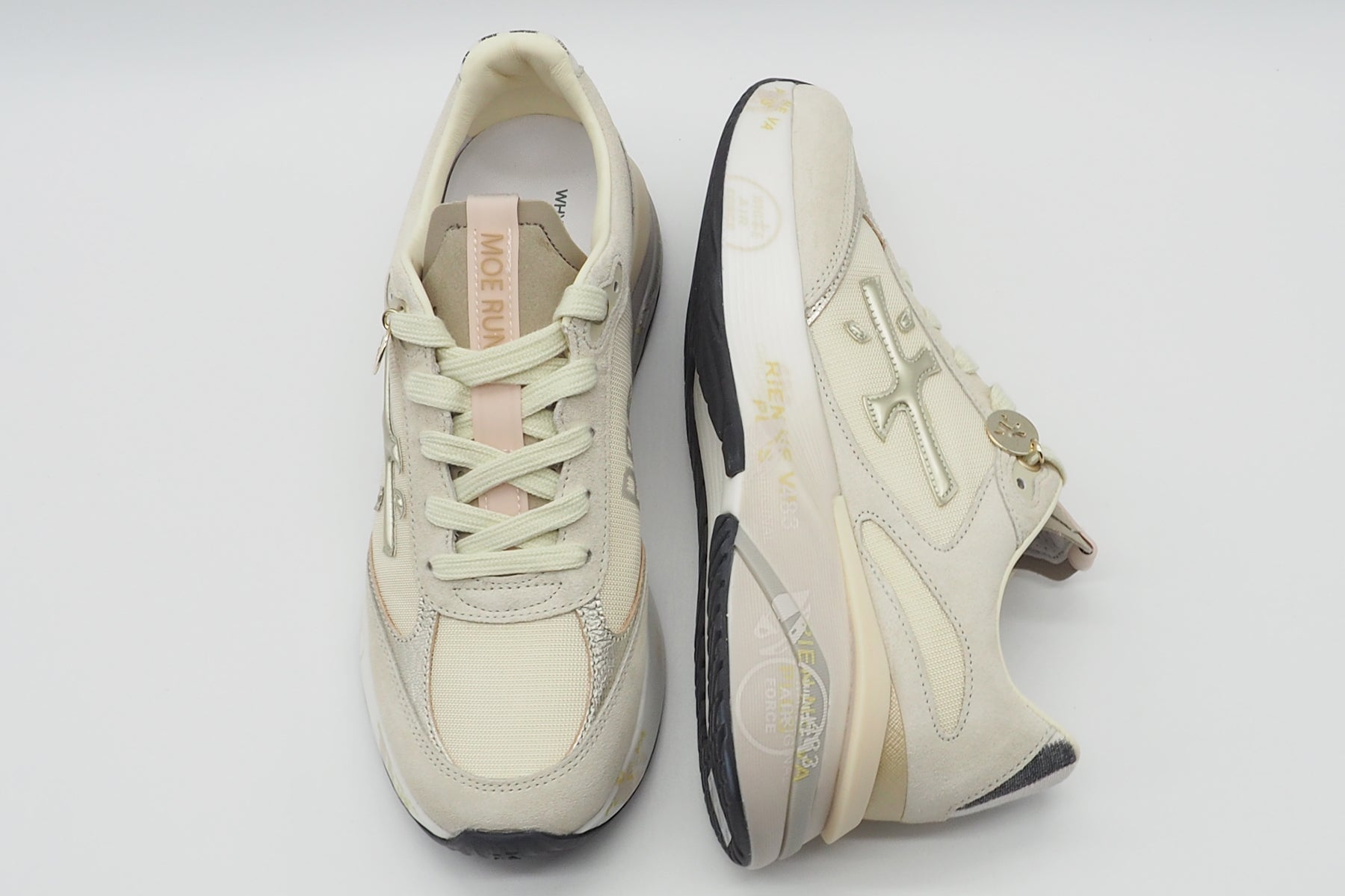 Edler Damen Sneaker aus Veloursleder & Mesh in Creme & Gold - Moerund Damen Sneaker Premiata 