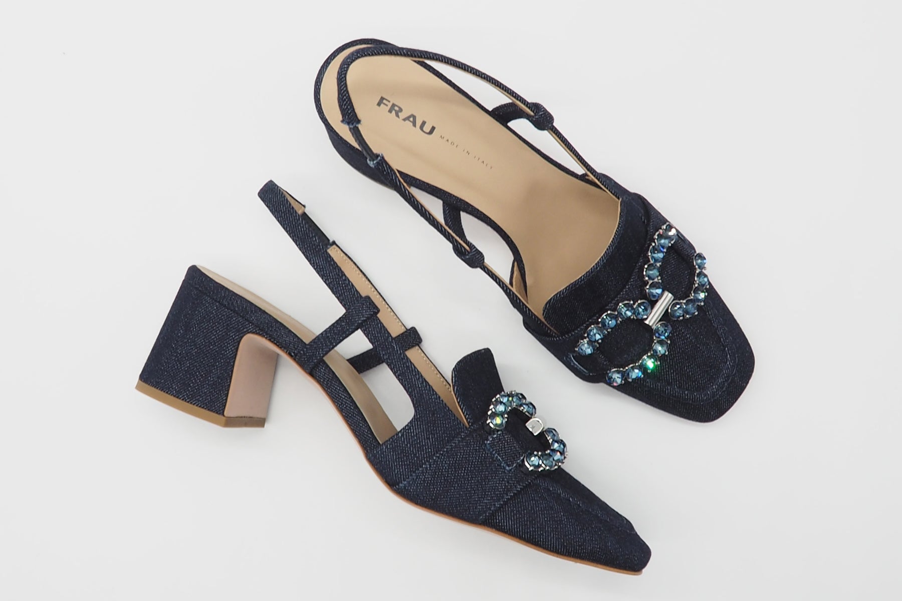 Eleganter Damen Sling aus Denim in Blau mit Strassspange Damen Pumps & Slings Frau 