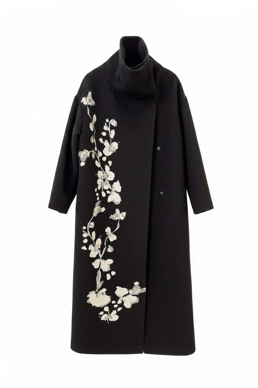 Extravaganter Damenmantel aus Mischfaser in Schwarz mit Jacquard-Blütenmuster Damen Mantel Psophia 