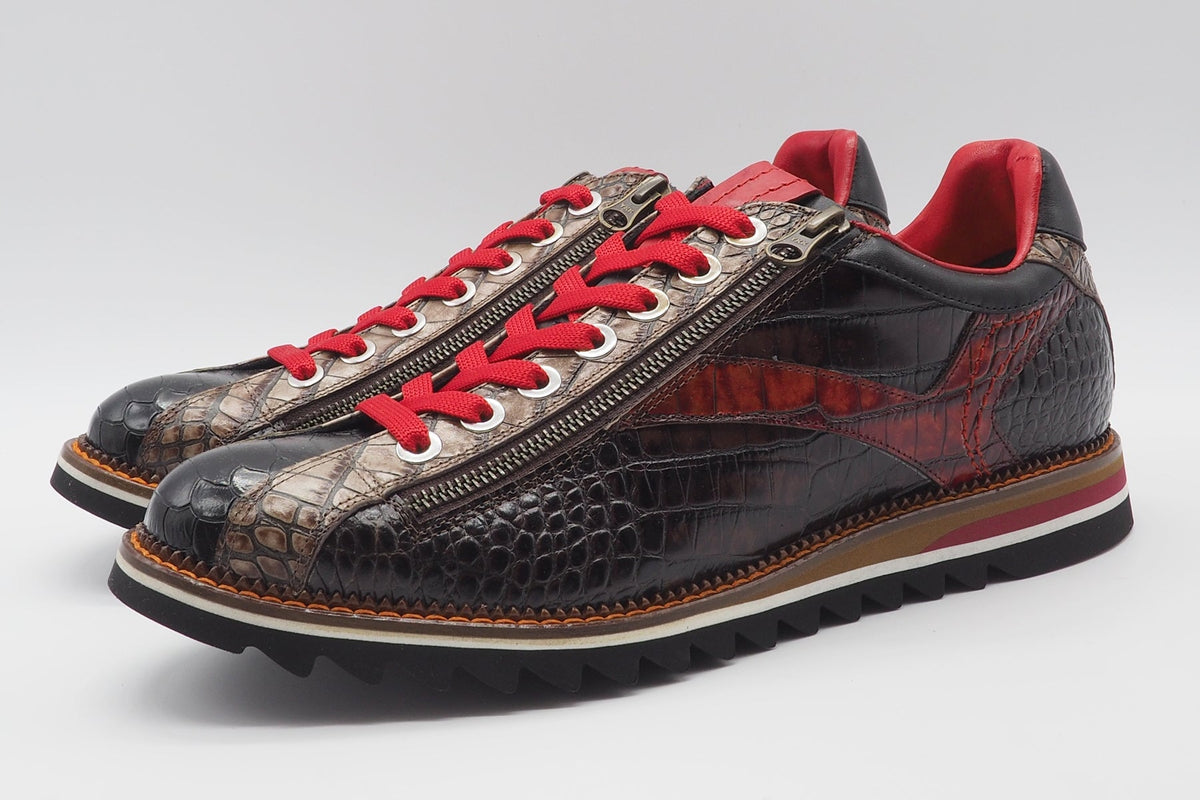 Extravaganter Herren Sneaker aus geprägtem Leder in Braun, Schwarz & Rot Herren Sneaker Lorenzi 