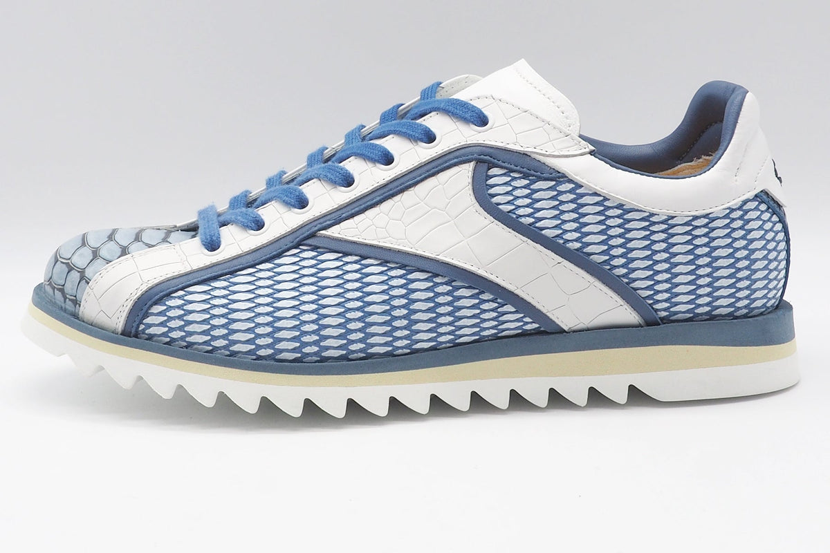 Extravaganter Herren Sneaker aus Leder in Weiß und Royalblau mit edler Prägung Herren Sneaker Lorenzi 