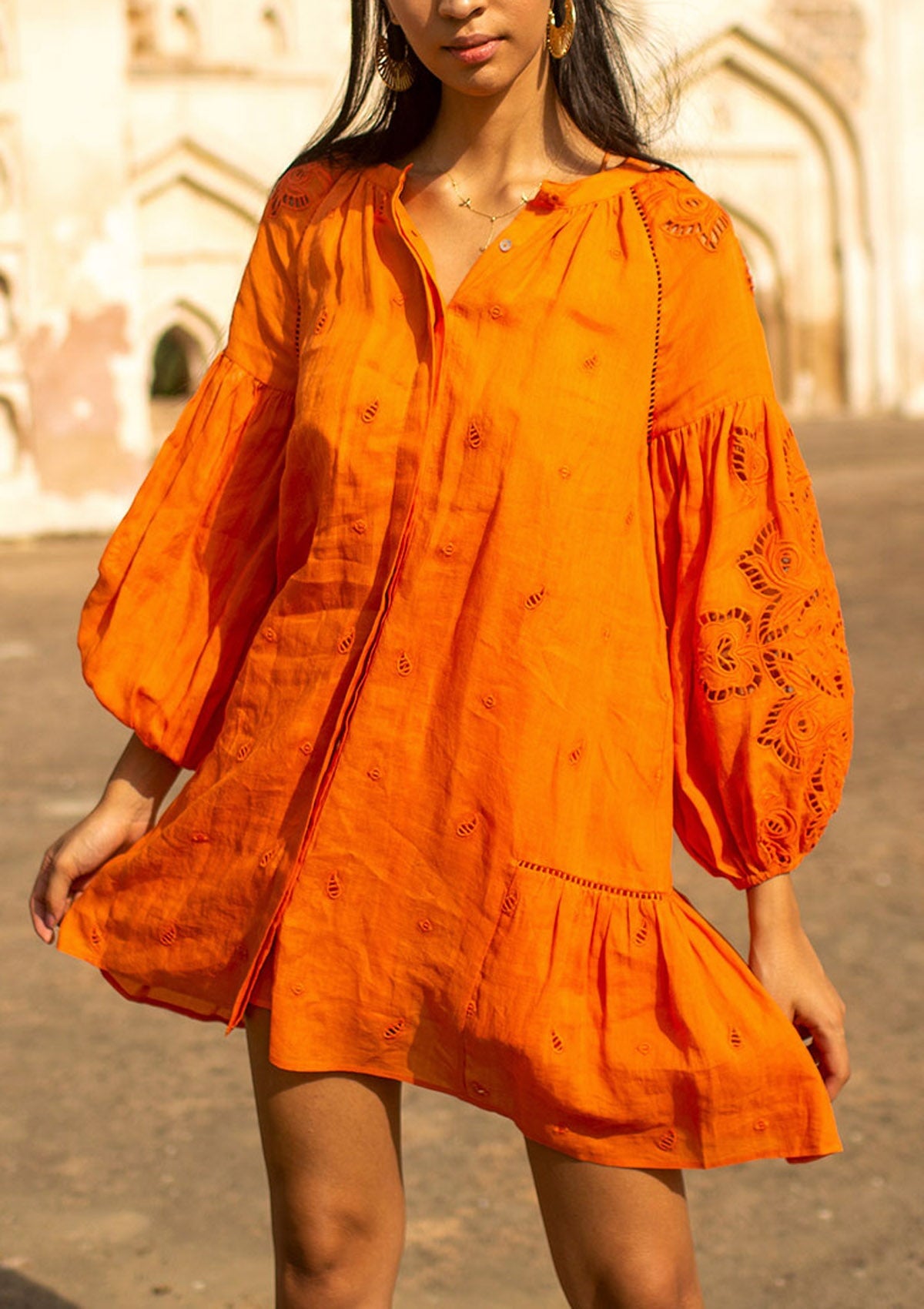 Fließendes Damen Sommerkleid in Orange mit Stickerei - Sunshine Babe Damen Kleid Scarlett Poppies 