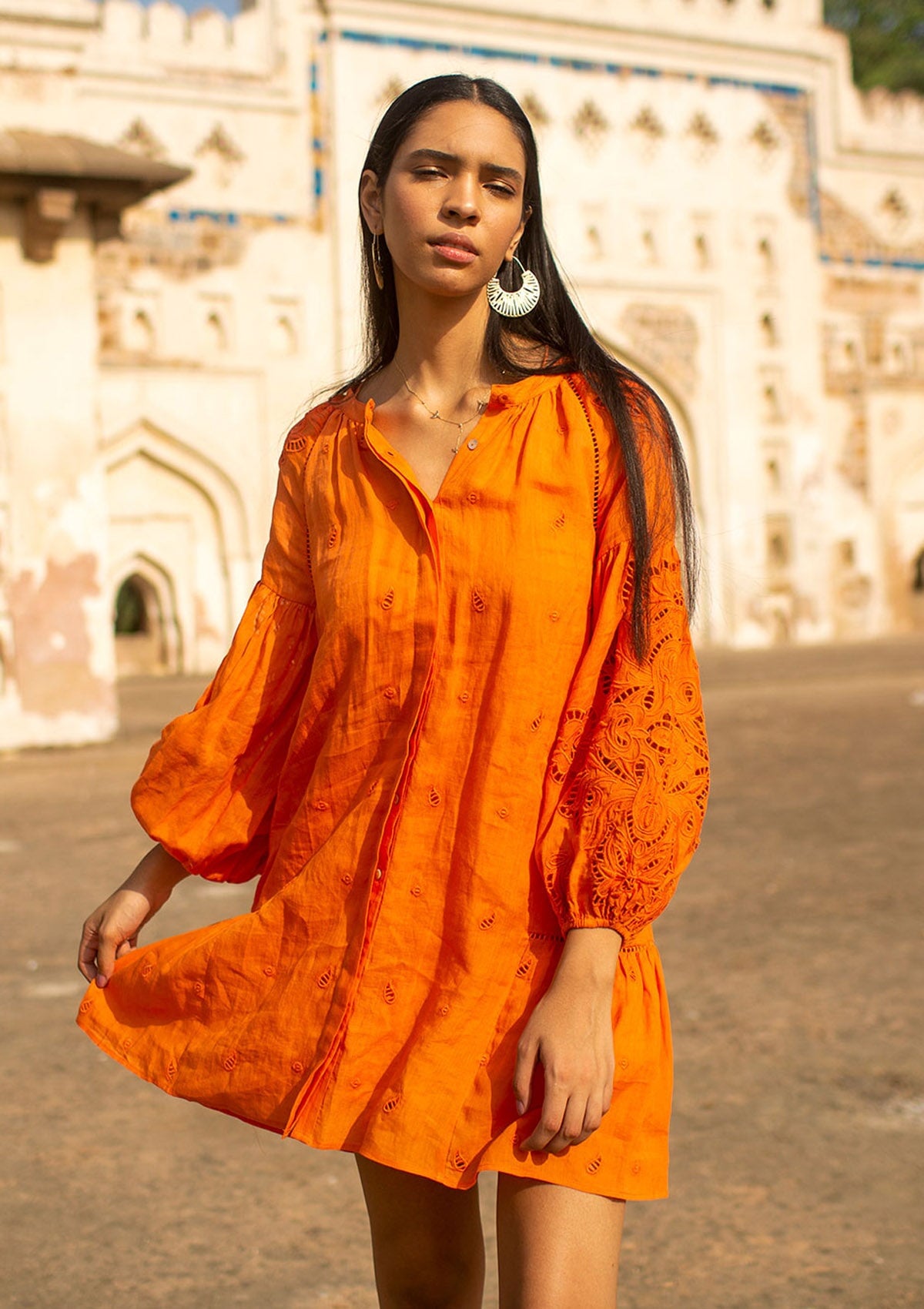 Fließendes Damen Sommerkleid in Orange mit Stickerei - Sunshine Babe Damen Kleid Scarlett Poppies 