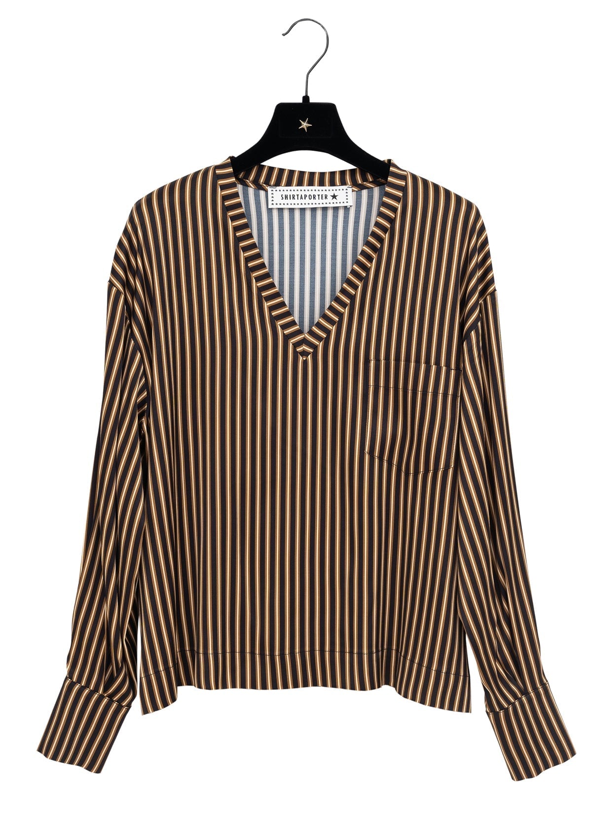 Gestreiftes Damen Shirt aus Viskose & Elastan in Schwarz, Caramel & Sand Damen Bluse SHIRTAPORTER 