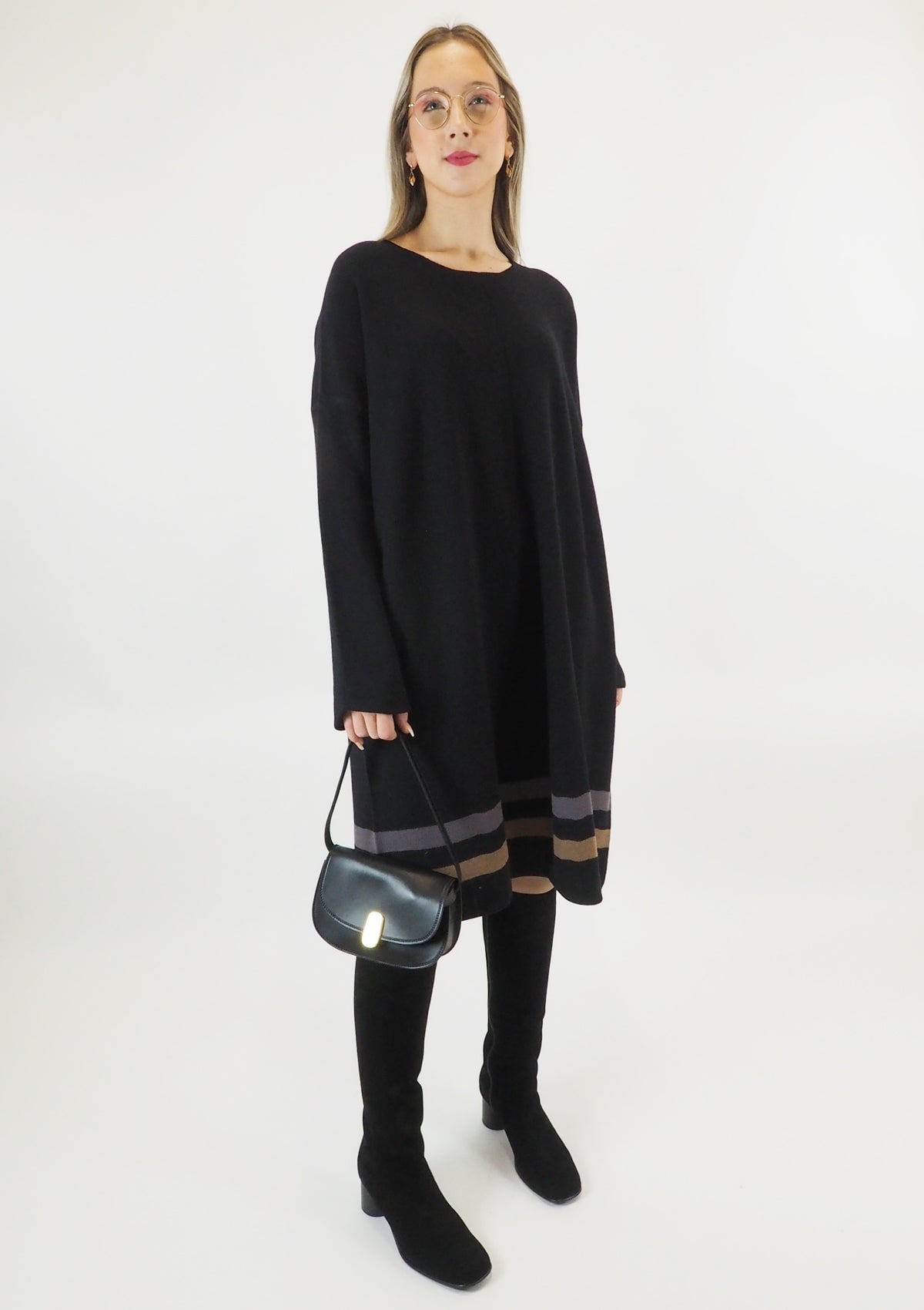 Gestreiftes Strickkleid aus Schurwolle in Schwarz Damen Ready to wear Fashion Hannes Roether 