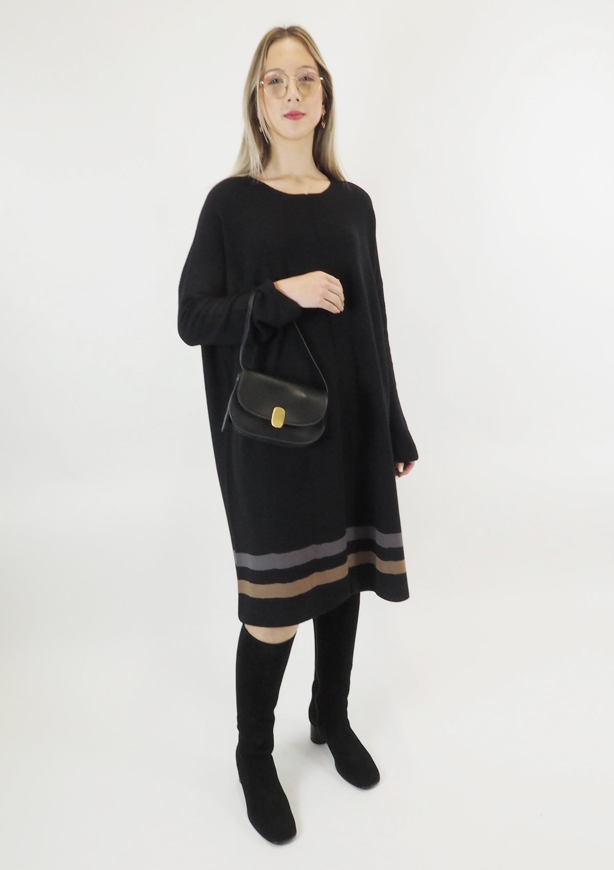 Gestreiftes Strickkleid aus Schurwolle in Schwarz Damen Ready to wear Fashion Hannes Roether 