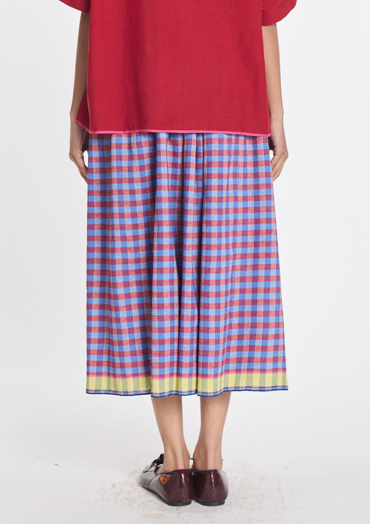 Karierter Rock aus Baumwolle & Leinen in Blau & Rot mit elastischem Bund Damen Rock Payal Pratap 