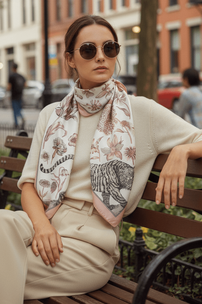 Karre aus 100% Wolle mit Tiger- und Blumendesign in Weiß und Rosa – Gustav Damen Accessoires Tücher & Schals Inoui E. 