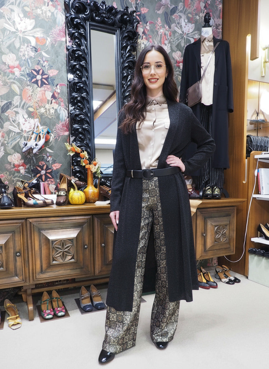 Knöchellanger Damenmantel mit gestricktem Bindegürtel aus Viskose in Schwarz Damen Ready to wear Fashion SIYU 