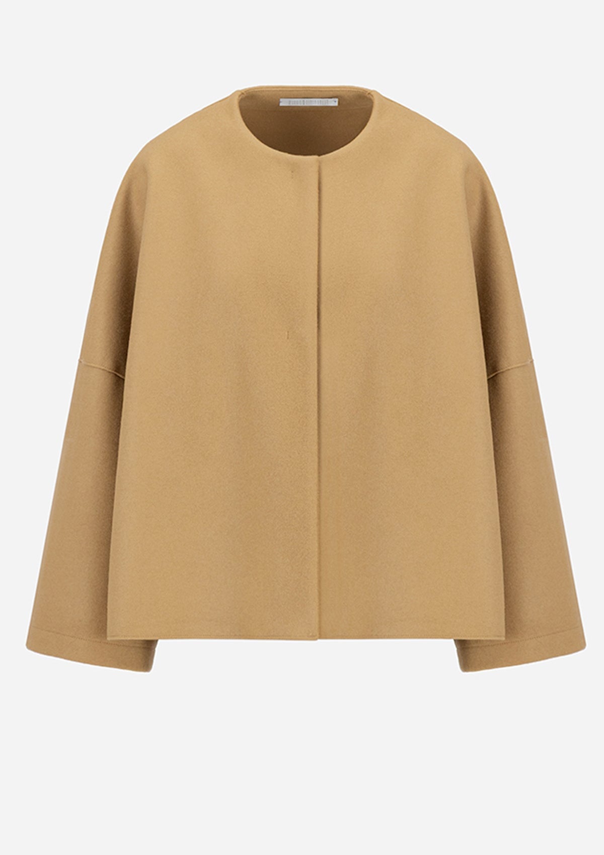 Kragenlose elegante Damen-Capejacke aus Schurwolle & Kaschmir in Hellbraun Damen Mantel Harris Wharf London 