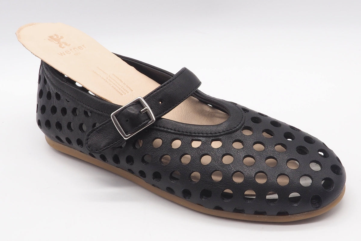 Mary-Jane Damen Ballerina aus perforiertem Leder in Schwarz mit Ristspange Damen Ballerinas Werner 