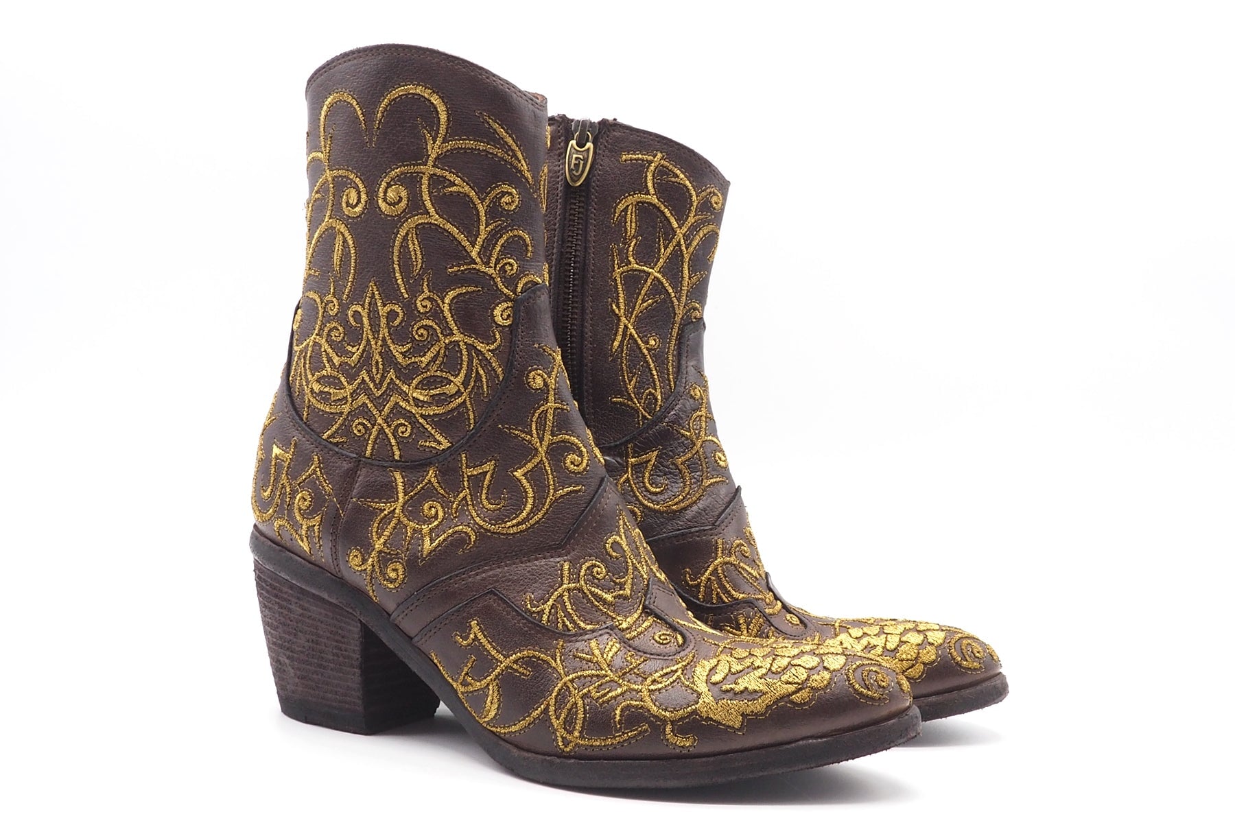 Opulent mit Gold bestickte braune Damen Stiefeletten im Westernstil - Hand gefertigt Damen Stiefeletten Fauzian Jeunesse 
