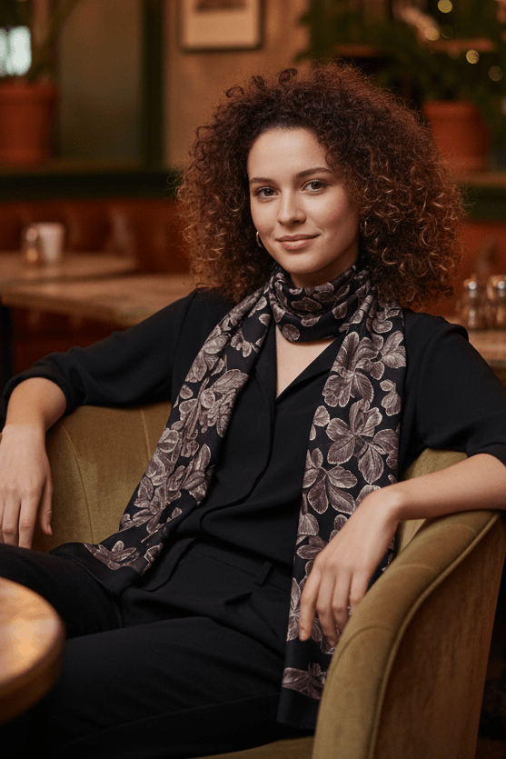 Schal aus 100 % Wolle mit botanischem Muster in Schwarz – Arboris Damen Accessoires Tücher & Schals Inoui E. 