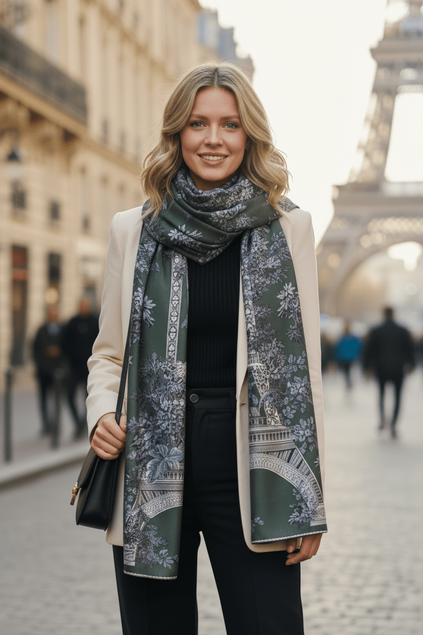 Schal aus 100% Wolle mit floralem Eiffelturm Design in Khaki – 1889 Damen Accessoires Tücher & Schals Inoui E. 