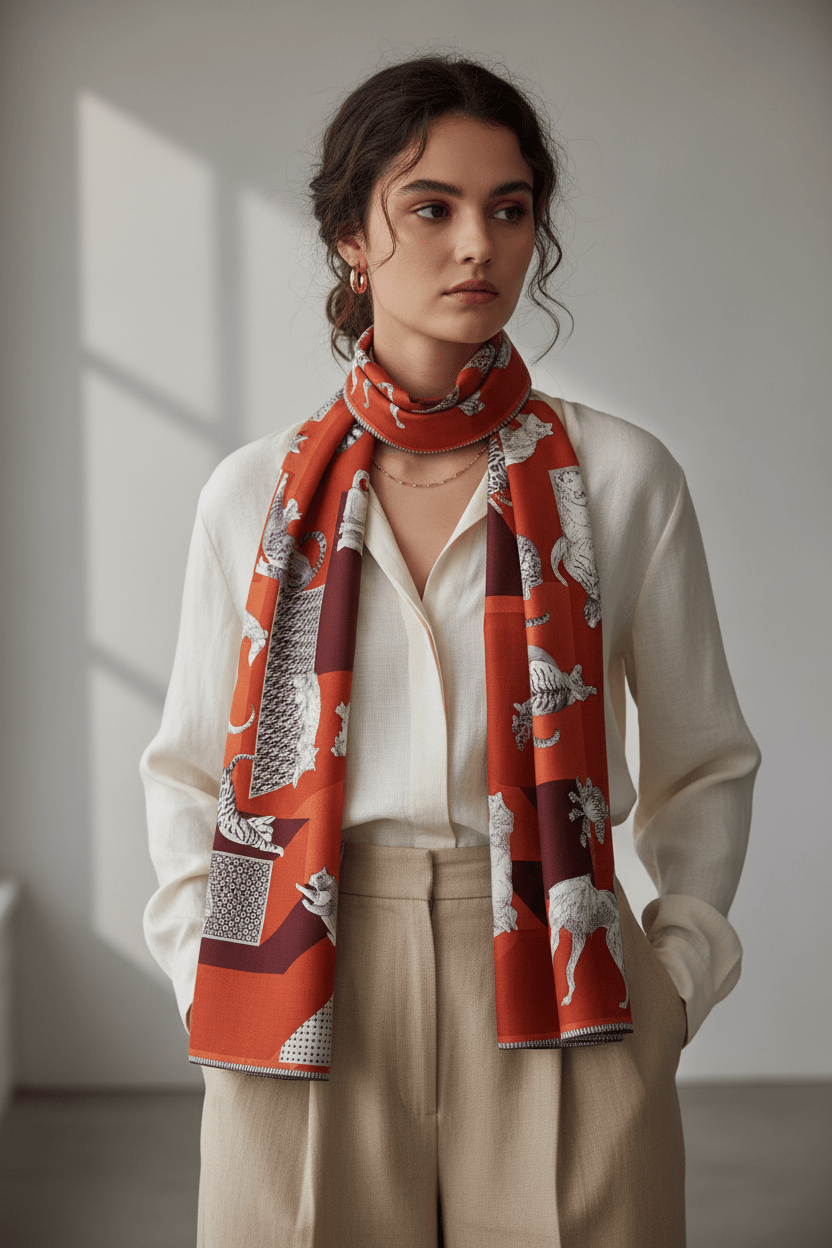 Schal aus 100% Wolle mit modernen Tiermotiven in Rot-Orange – Les Cheris Damen Accessoires Tücher & Schals Inoui E. 