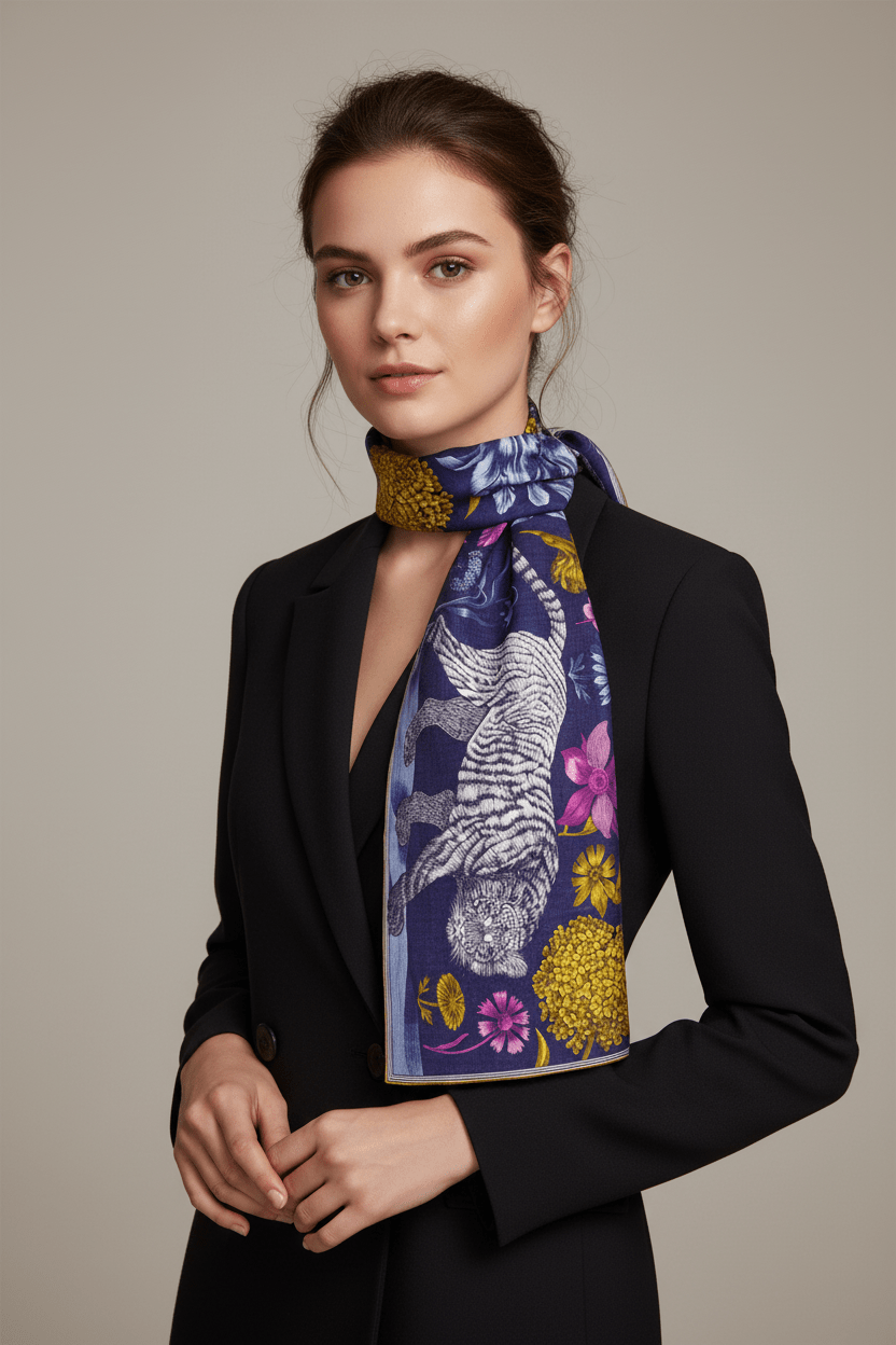 Schal aus 100% Wolle mit Tiger- und Blumendesign in Navy – Gustav Damen Accessoires Tücher & Schals Inoui E. 