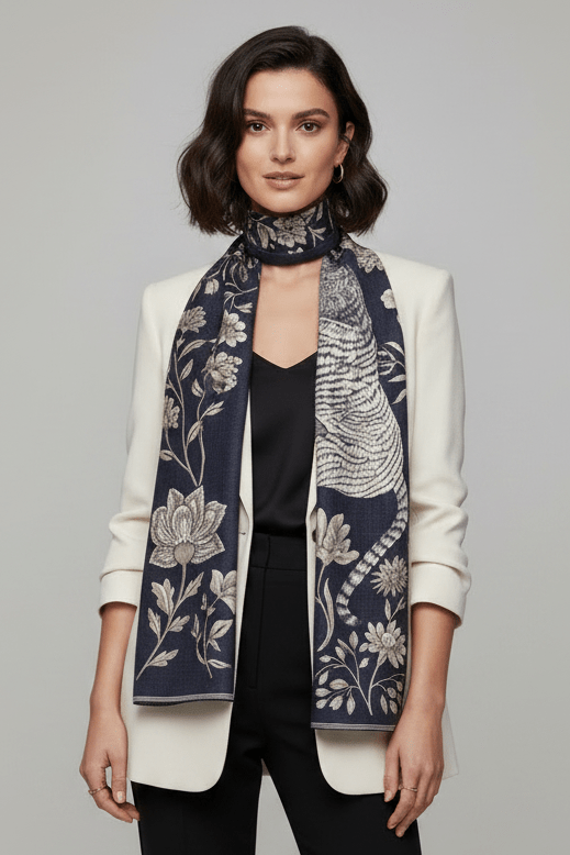 Schal aus 100% Wolle mit Tiger- und Blumendesign in Schwarz – Gustav Damen Accessoires Tücher & Schals Inoui E. 