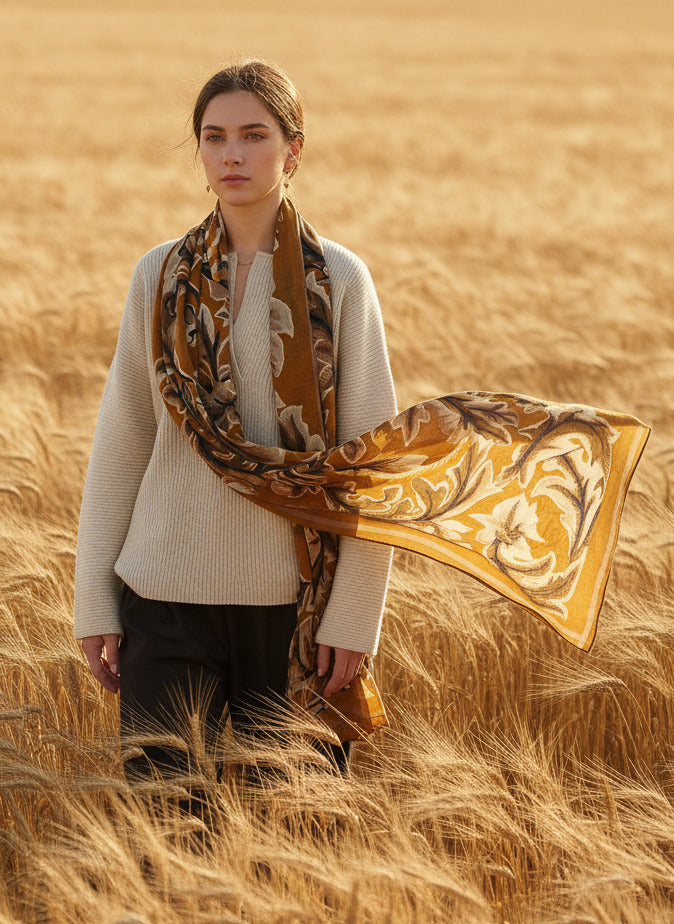 Schal aus Wolle mit einem Löwen & Fuchs in Gelb - Leonard Damen Accessoires Tücher & Schals Inoui E. 