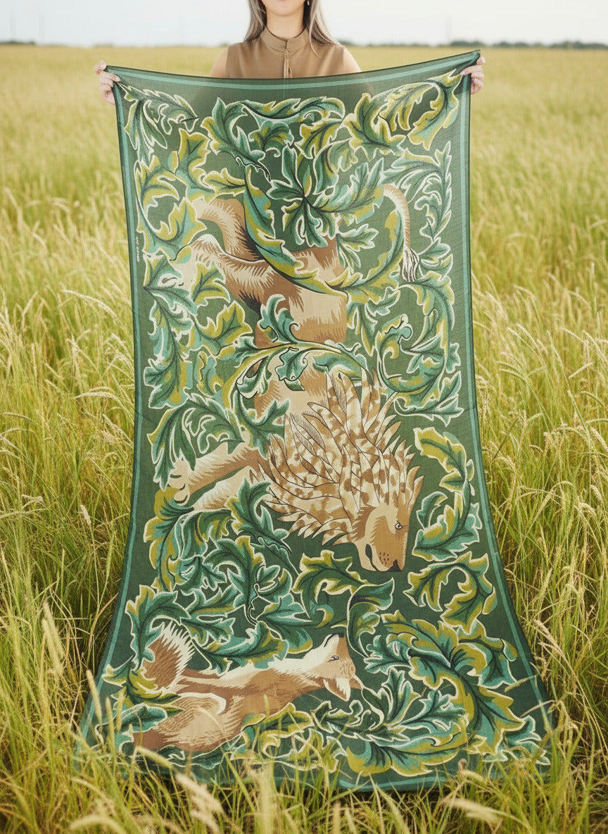 Schal aus Wolle mit einem Löwen & Fuchs in Khaki - Leonard Damen Accessoires Tücher & Schals Inoui E. 