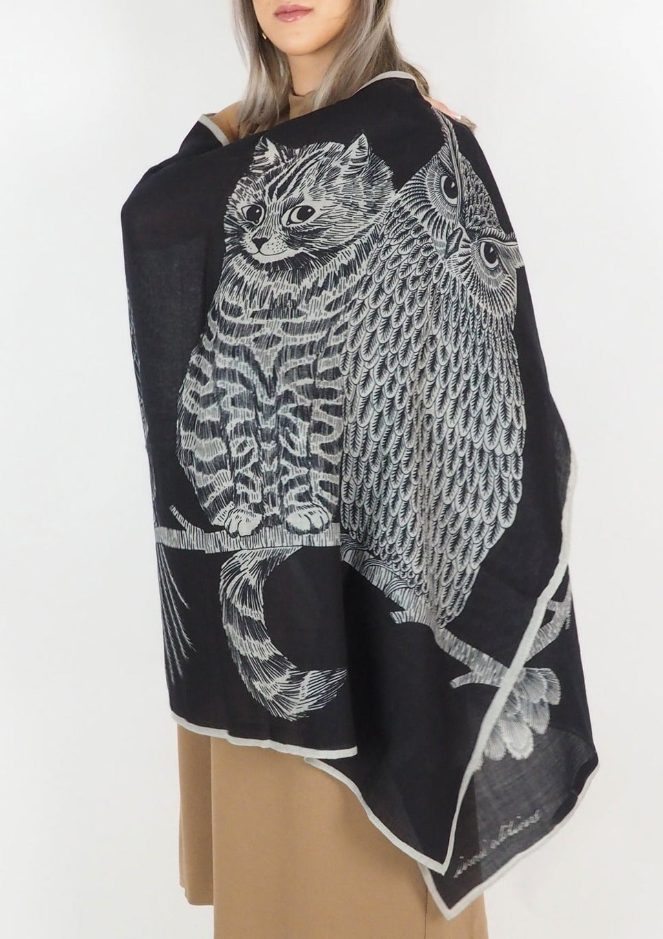 Schal aus Wolle mit Eulen & Katzen in Schwarz - Chouette Damen Accessoires Tücher & Schals Inoui E. 