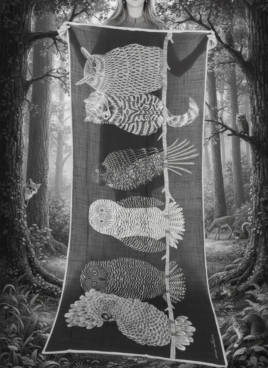 Schal aus Wolle mit Eulen & Katzen in Schwarz - Chouette Damen Accessoires Tücher & Schals Inoui E. 