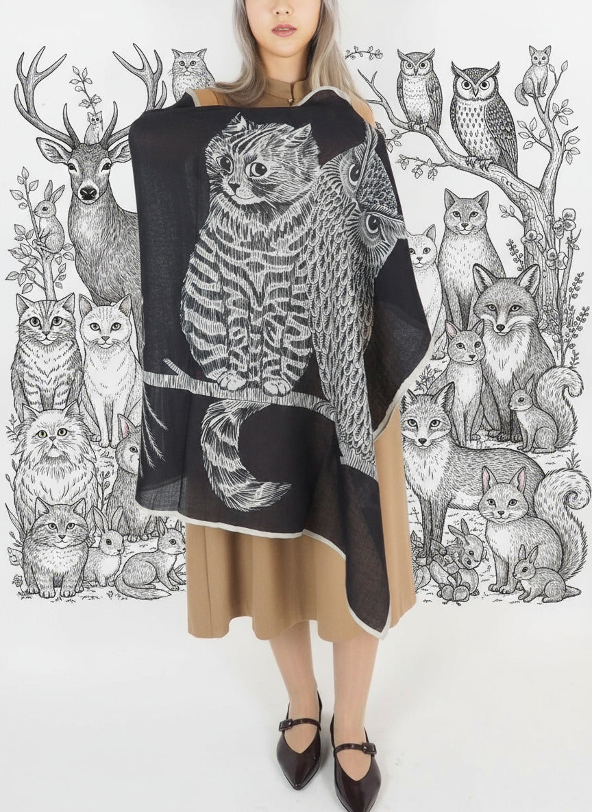 Schal aus Wolle mit Eulen & Katzen in Schwarz - Chouette Damen Accessoires Tücher & Schals Inoui E. 