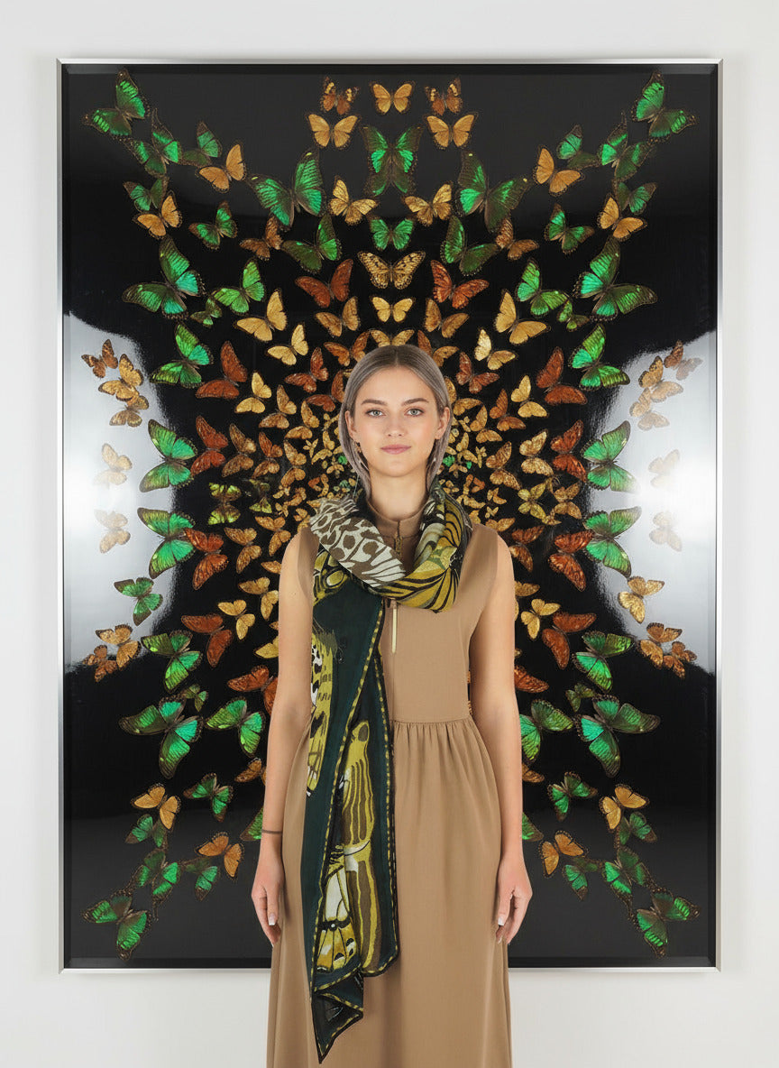 Schal aus Wolle mit Schmetterlingen in Grün - Papillions Damen Accessoires Tücher & Schals Inoui E. 