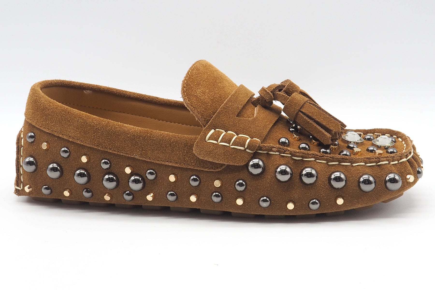 Stylischer Damen Moccassin aus Velours in Braun mit Nieten & Steinen Damen Loafers & Schnürer Strategia 