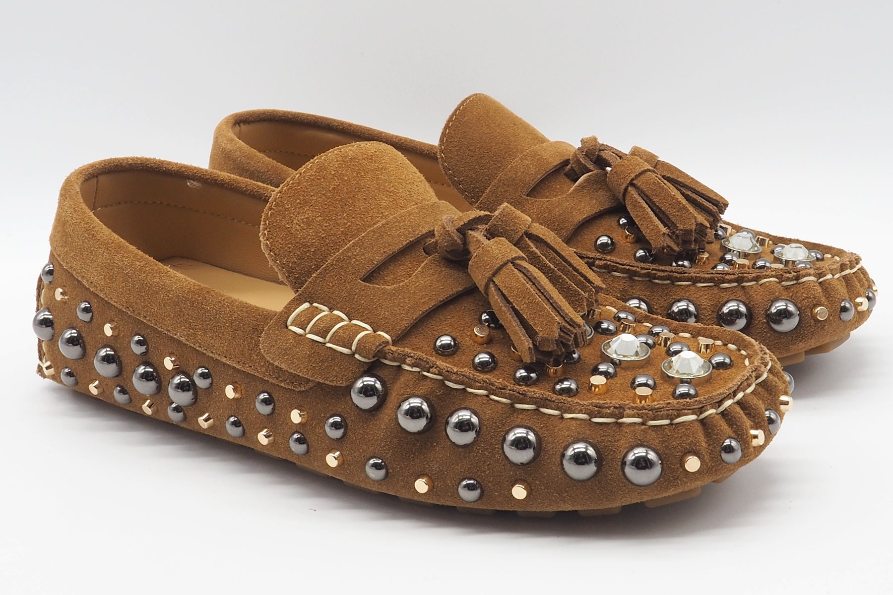 Stylischer Damen Moccassin aus Velours in Braun mit Nieten & Steinen Damen Loafers & Schnürer Strategia 