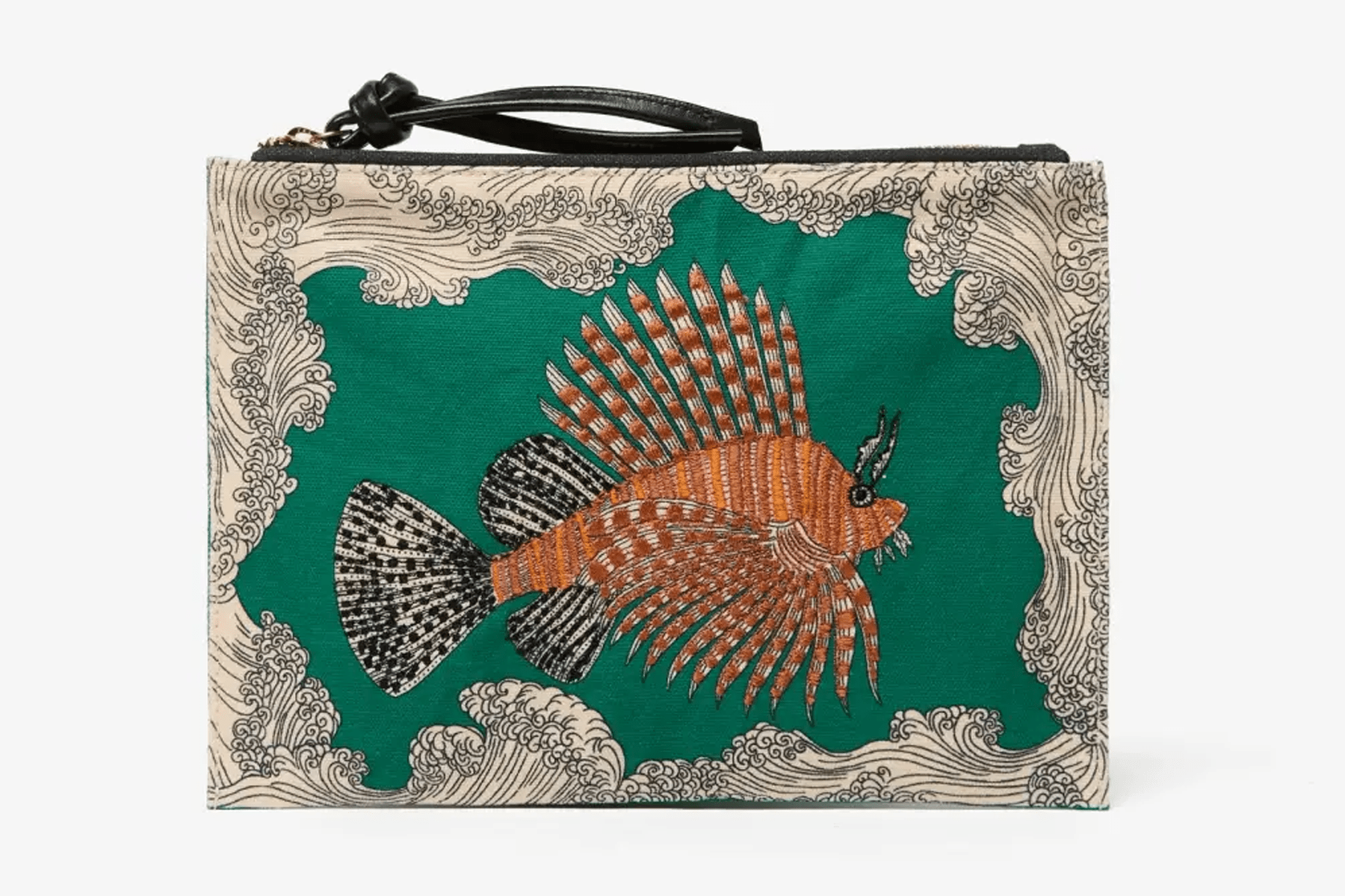 Täschchen aus Baumwolle & Leder Grün mit Fisch - Poseidon Taschen Clutches Inoui E. 
