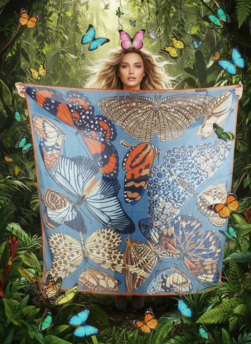 Tuch aus Wolle mit Schmetterlingen in Dunkelblau - Papillions Damen Accessoires Tücher & Schals Inoui E. 