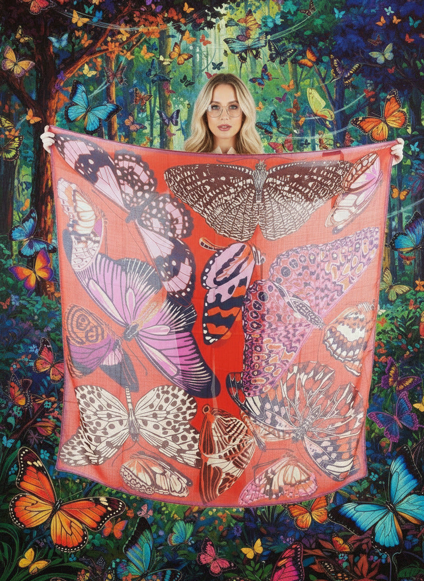 Tuch aus Wolle mit Schmetterlingen in Rot - Papillions Damen Accessoires Tücher & Schals Inoui E. 