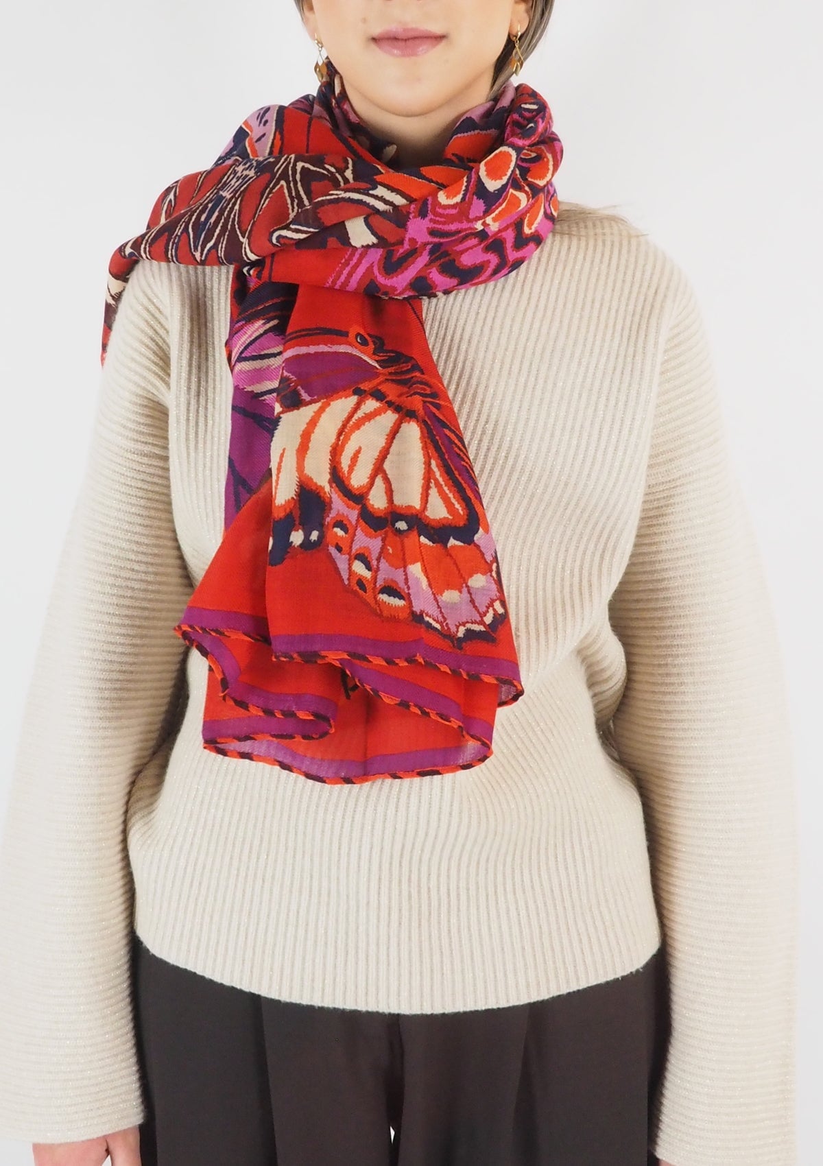 Tuch aus Wolle mit Schmetterlingen in Rot - Papillions Damen Accessoires Tücher & Schals Inoui E. 