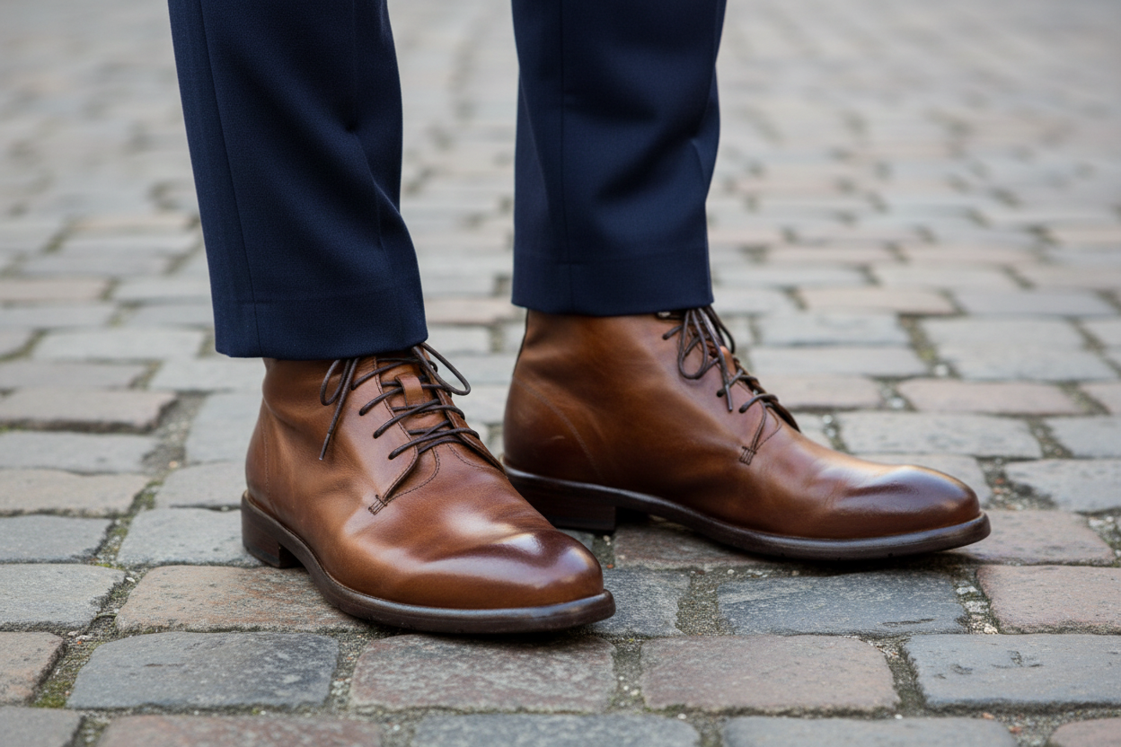 Von Hand gefertigte Herren Schnürstiefelette aus Leder in Cognac mit Zipp