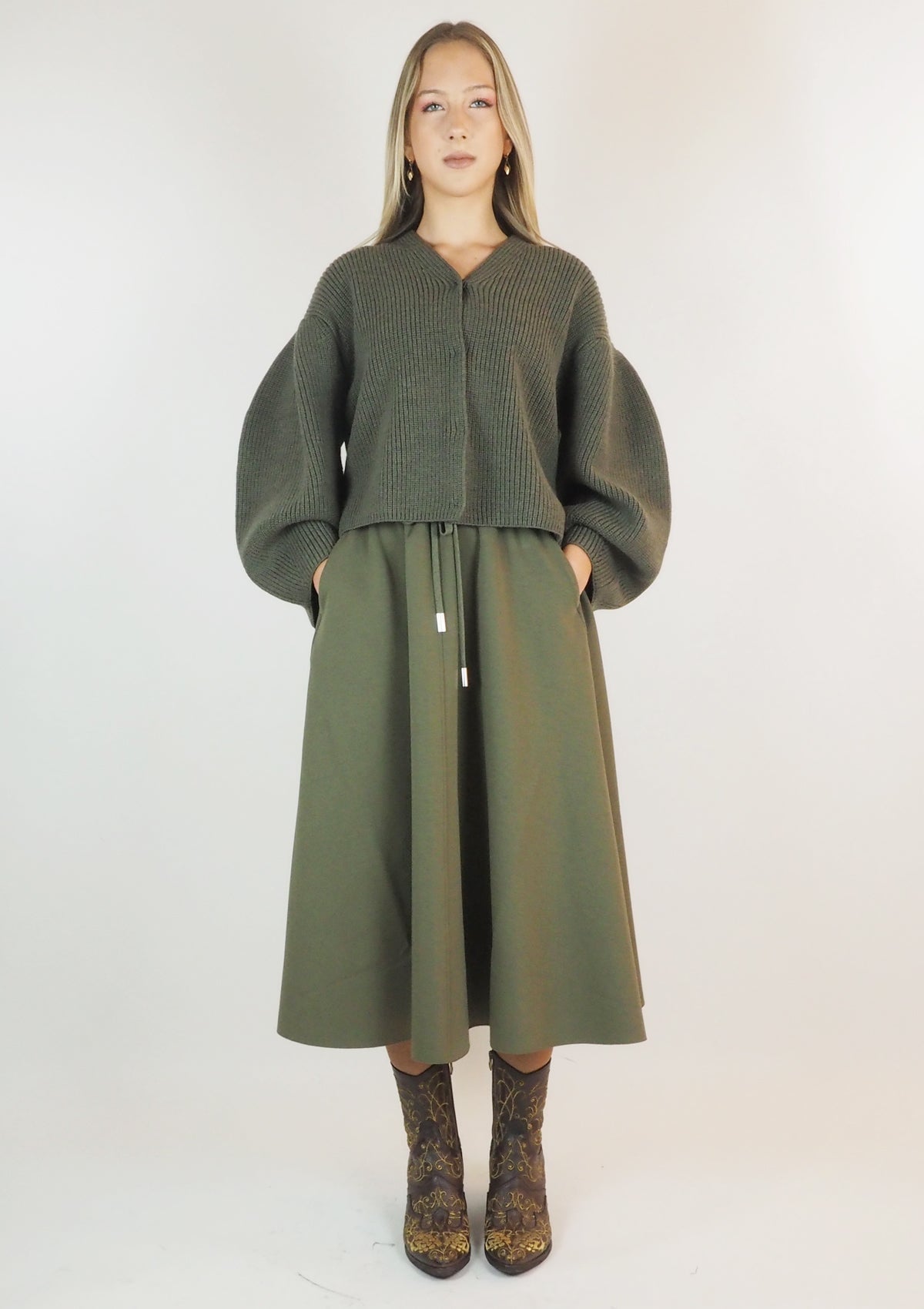 Wadenlanger Damenrock aus Polyester & Viskose in Kaki Damen Rock Psophia 