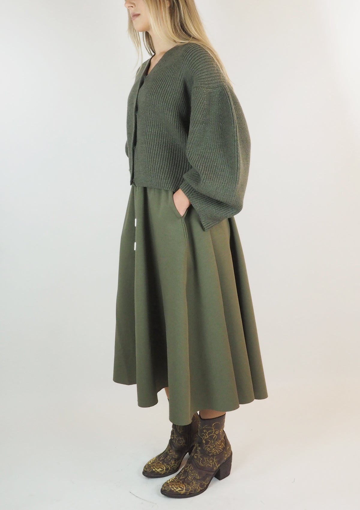 Wadenlanger Damenrock aus Polyester & Viskose in Kaki Damen Rock Psophia 