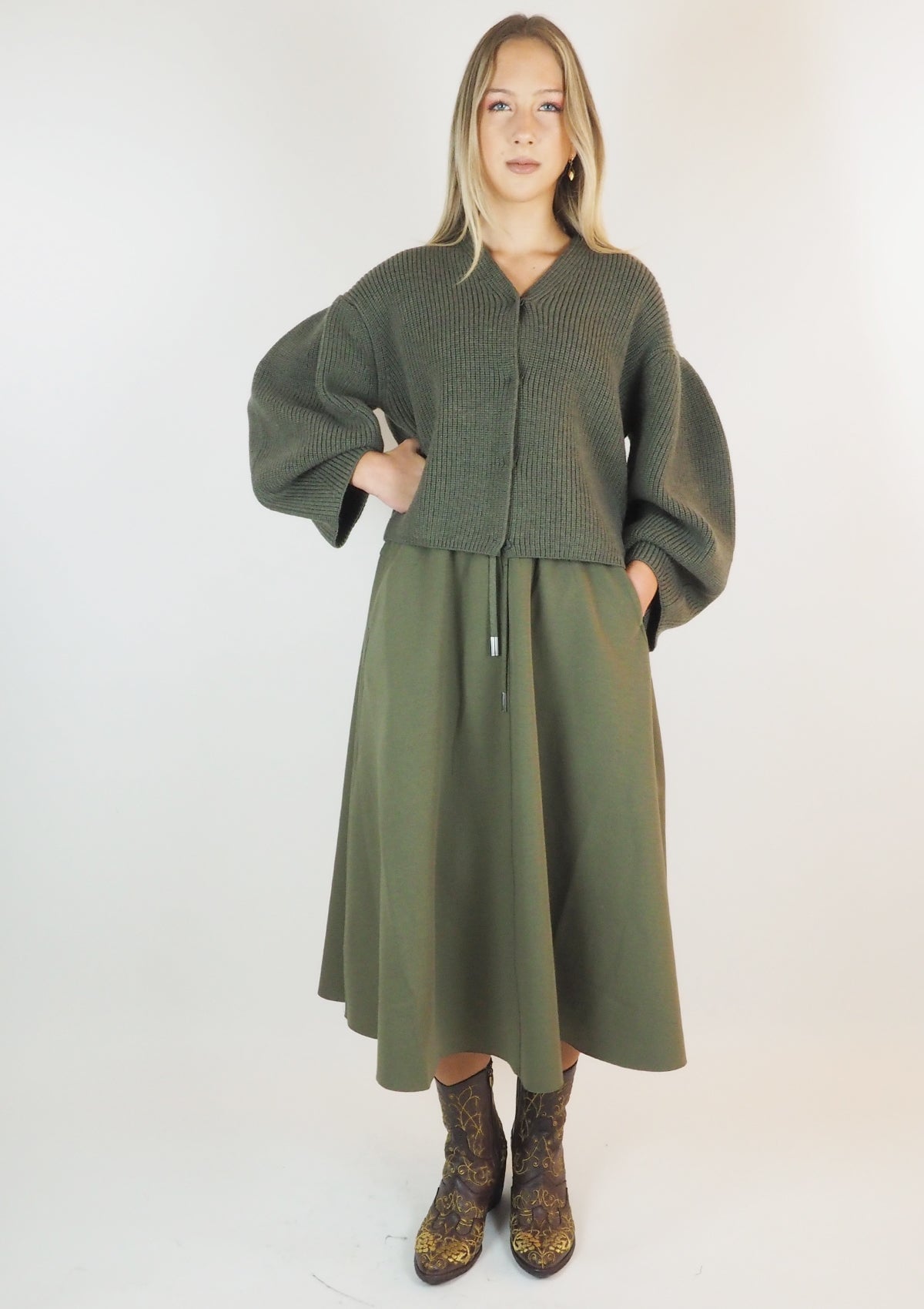 Wadenlanger Damenrock aus Polyester & Viskose in Kaki Damen Rock Psophia 