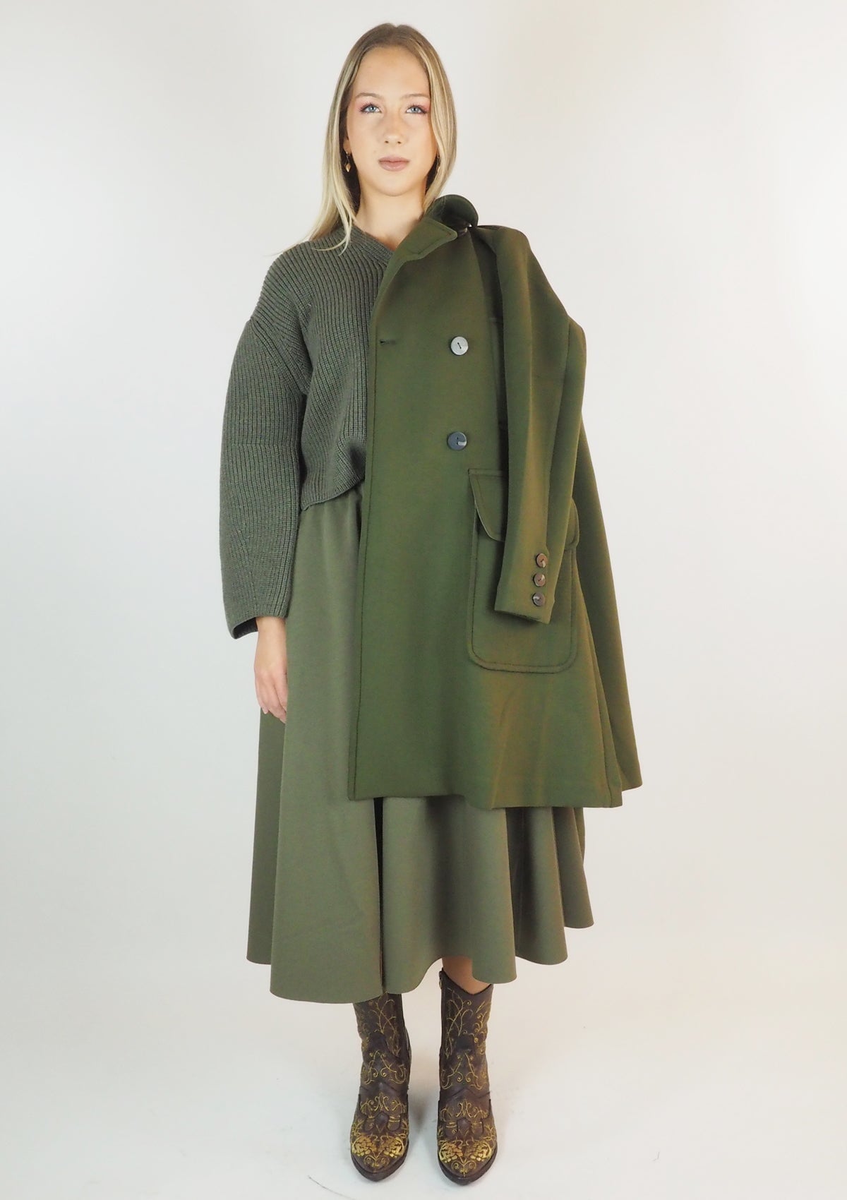Wadenlanger Damenrock aus Polyester & Viskose in Kaki Damen Rock Psophia 