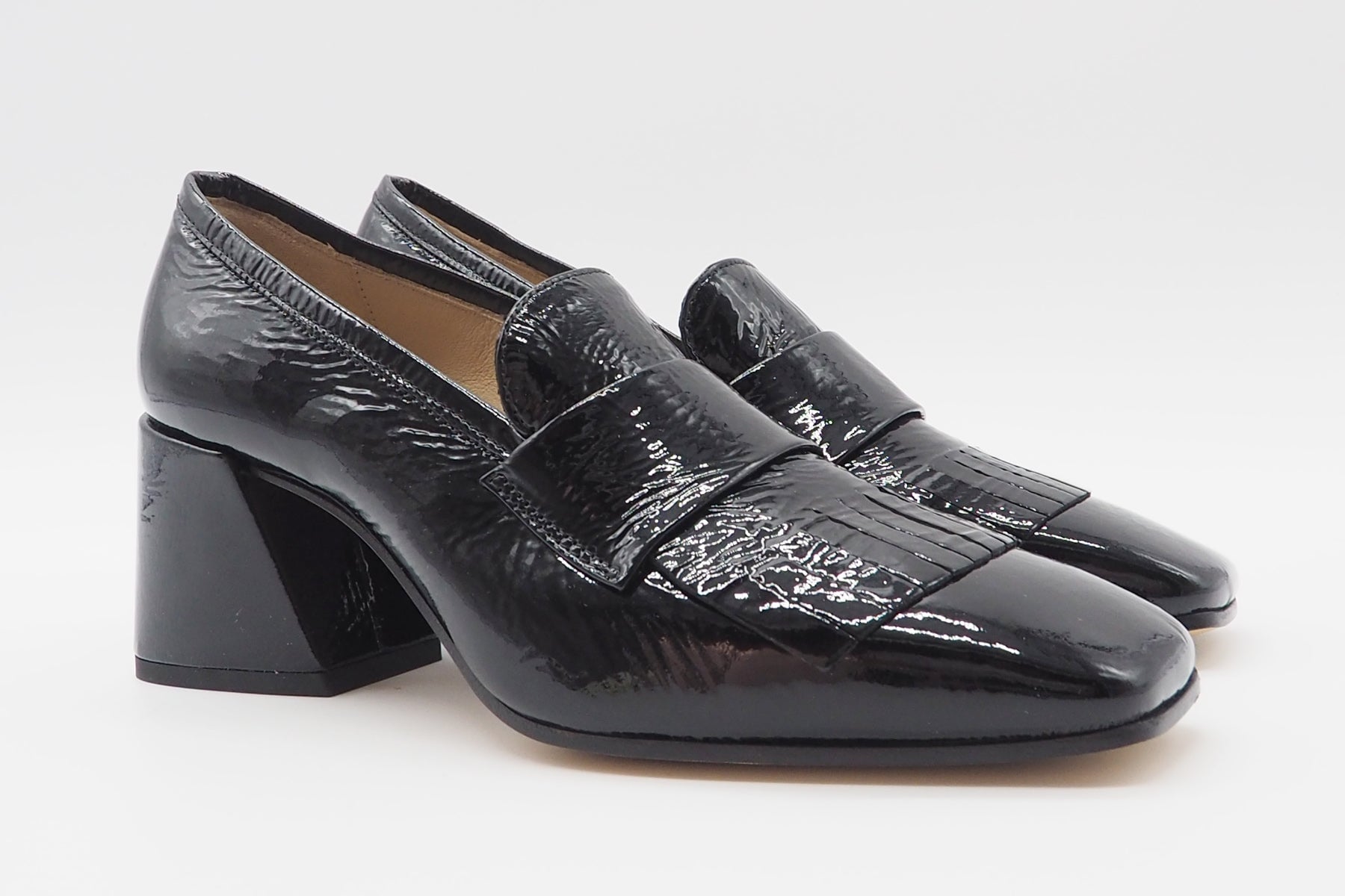 Damen Absatz-Loafer aus Lackleder in Schwarz mit Fransen - Absatz 6cm Damen Loafers & Schnürer Pomme D'or 