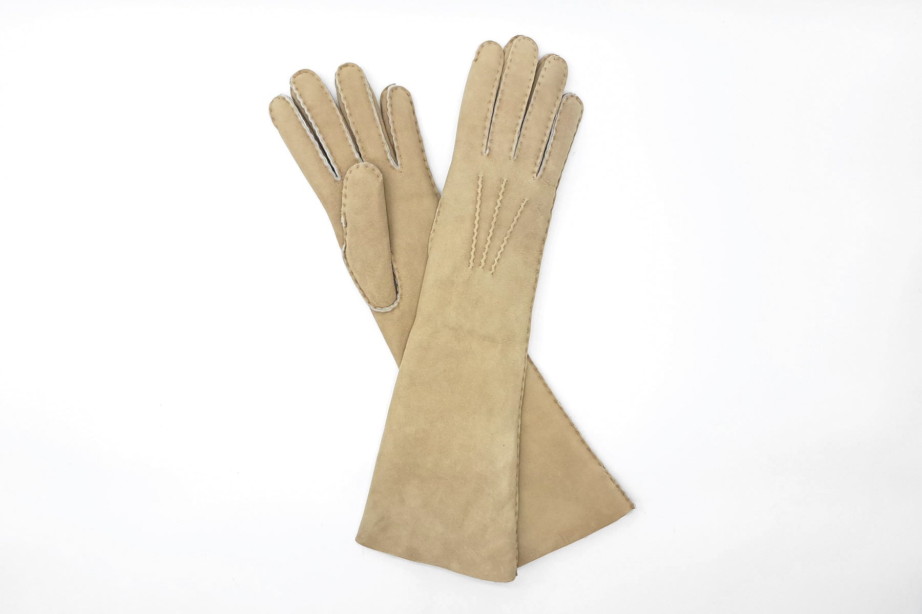 Damen Langschaft-Handschuhe aus Veloursleder in Sand - Innenfutter Lammfell Damen Handschuhe Caridei 