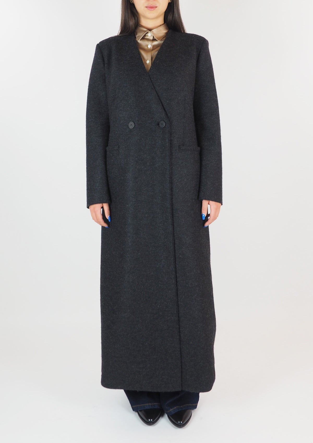 Damen Mantel aus gepresster Wolle in Dunkelgrau Damen Mantel Harris Wharf London 