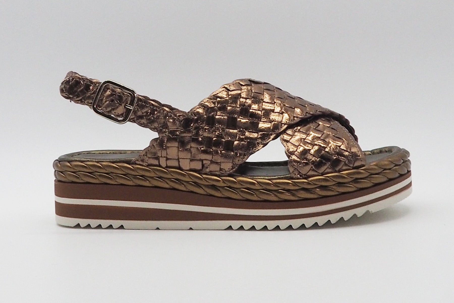 Damen Plateau-Sandale aus geflochtenem Metallicleder in Bronze Damen Sandalen Pons Quintana