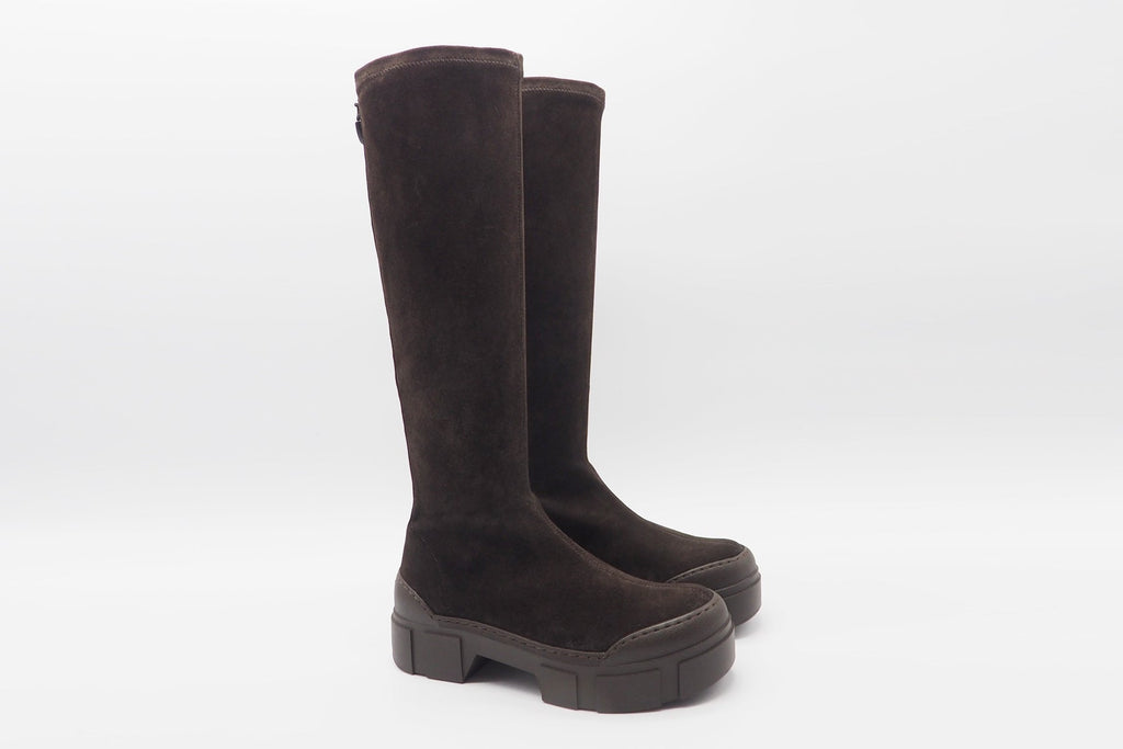 Damen Plateau-Stiefel aus Veloursleder in Dunkelbraun Absatz 3,5cm