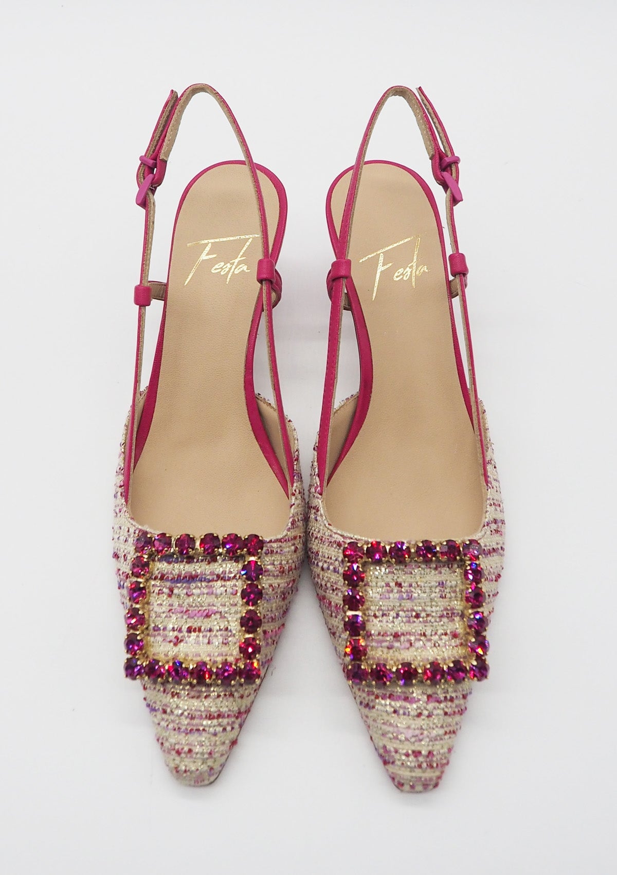 Damen Sling aus Leinen in Multicolor & Fuchsia mit Glitzersteinen - Absatz 8cm Damen Pumps & Slings Roberto Festa 
