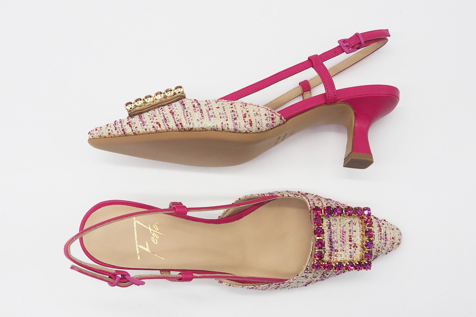 Damen Sling aus Leinen in Multicolor & Fuchsia mit Glitzersteinen - Absatz 8cm Damen Pumps & Slings Roberto Festa 
