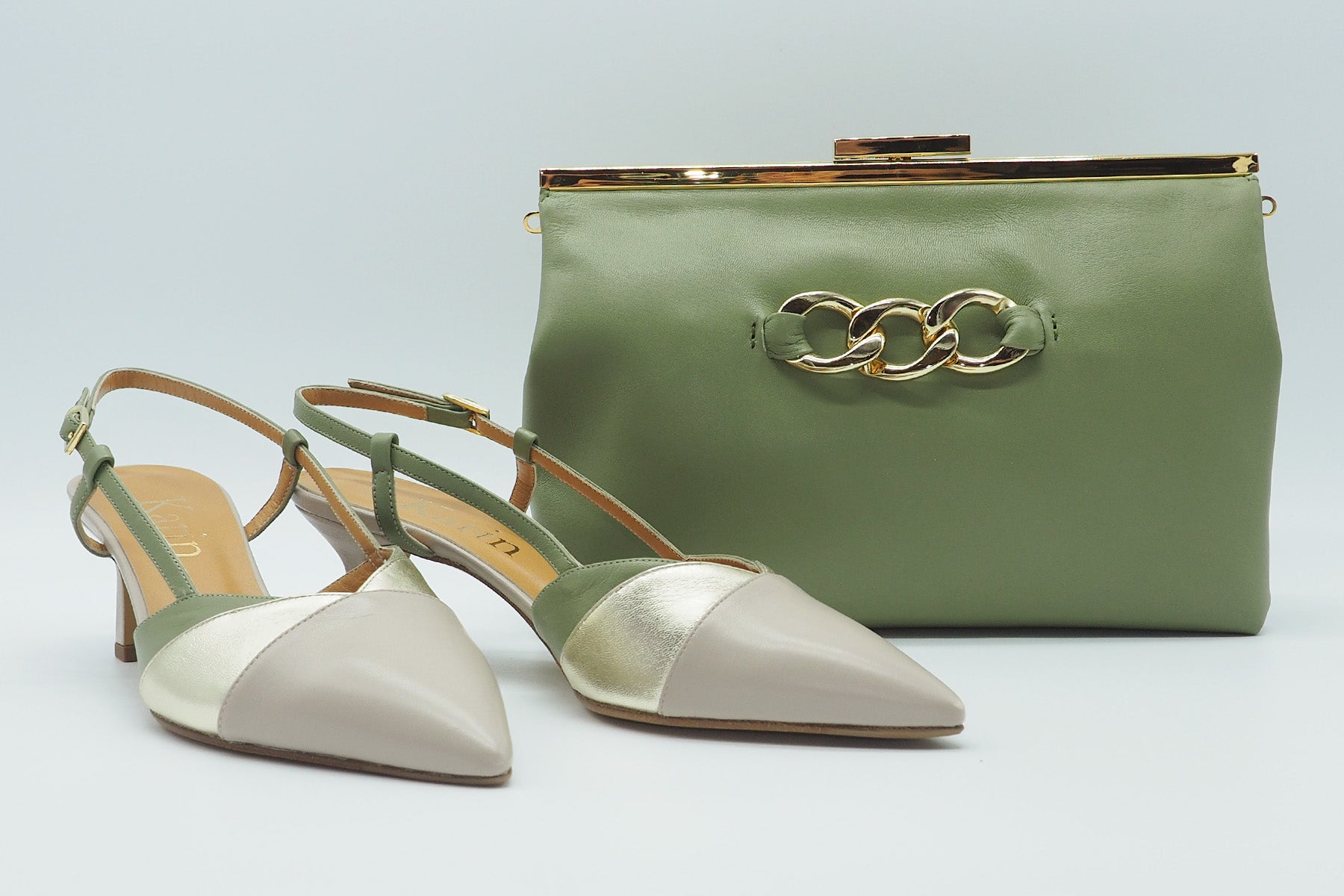 Damen Sling-Pumps aus Leder & Metallicleder in Tope, Gold & Grün Damen Pumps & Slings Karin 